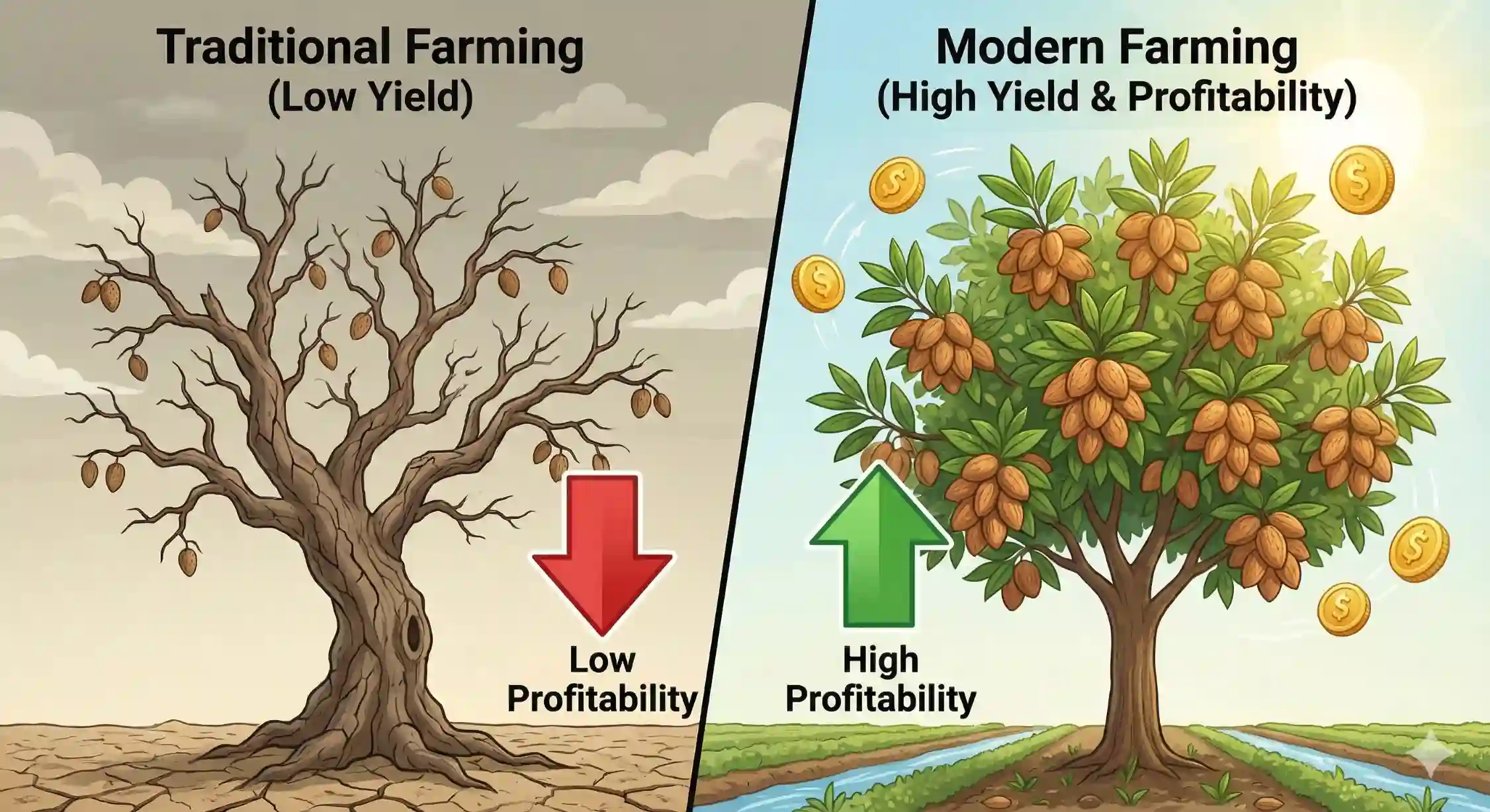مقایسه سودآوری باغ بادام سنتی با ارقام اصلاح شده تجاری.