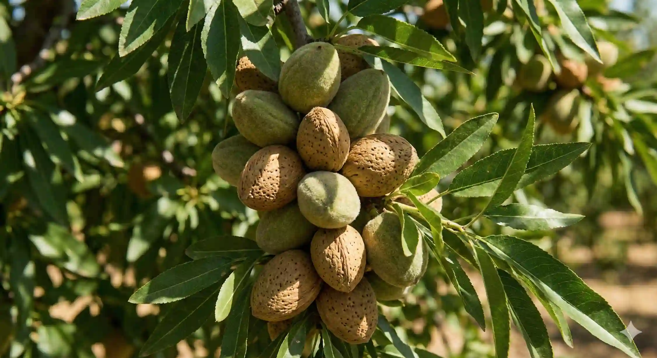 باردهی خوشه‌ای نهال بادام تونو با پوست سنگی مقاوم.