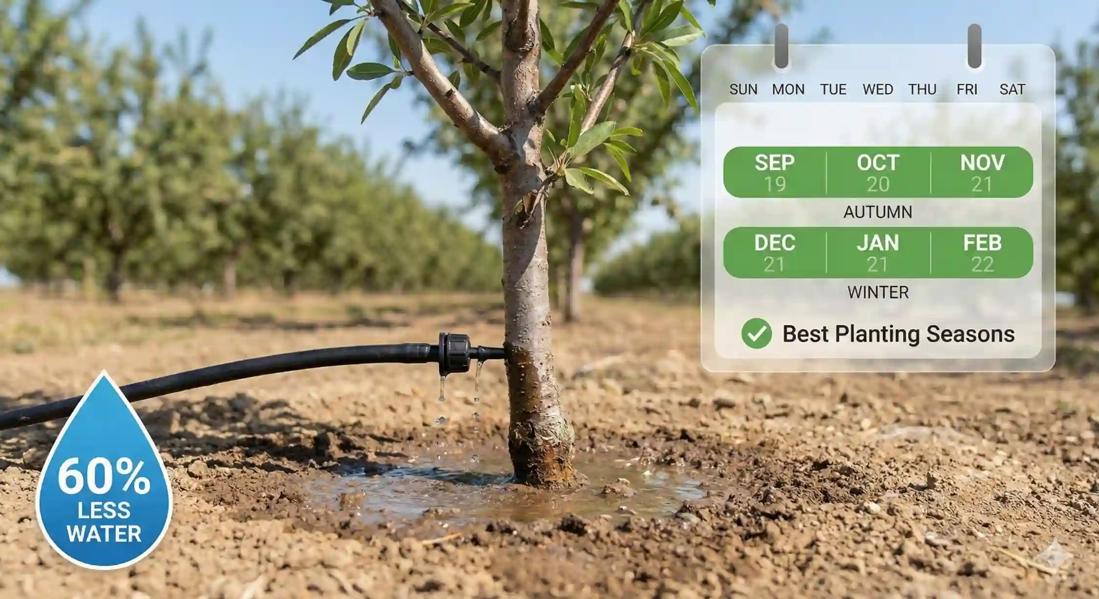 زمان مناسب کاشت نهال بادام و سیستم آبیاری قطره‌ای.